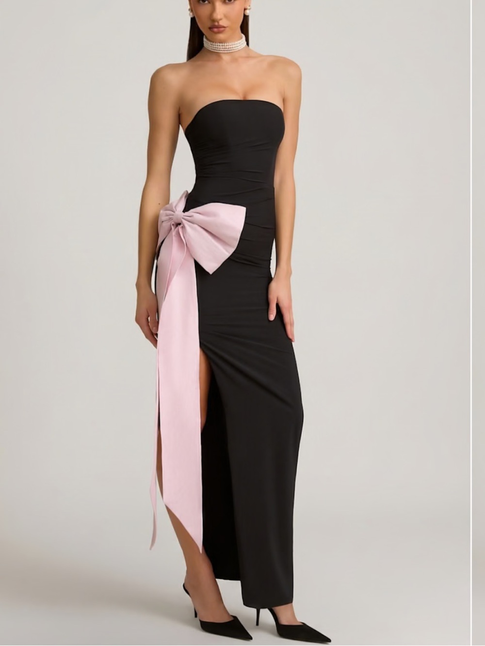 Oh Polly Black Strapless Gown with Pink Side Bow
